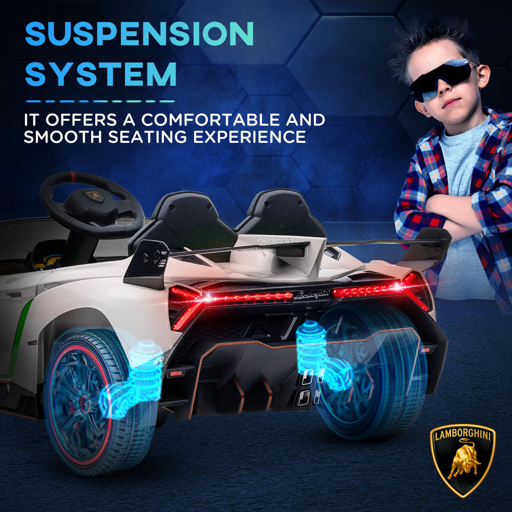 Aosom Lamborghini Veneno Licensed Kids Electric Car with Bluetooth, 12V Ride on Car with Butterfly Doors, Remote Control, Portable Battery, Suspension System, Horn, Songs, Lights, White
