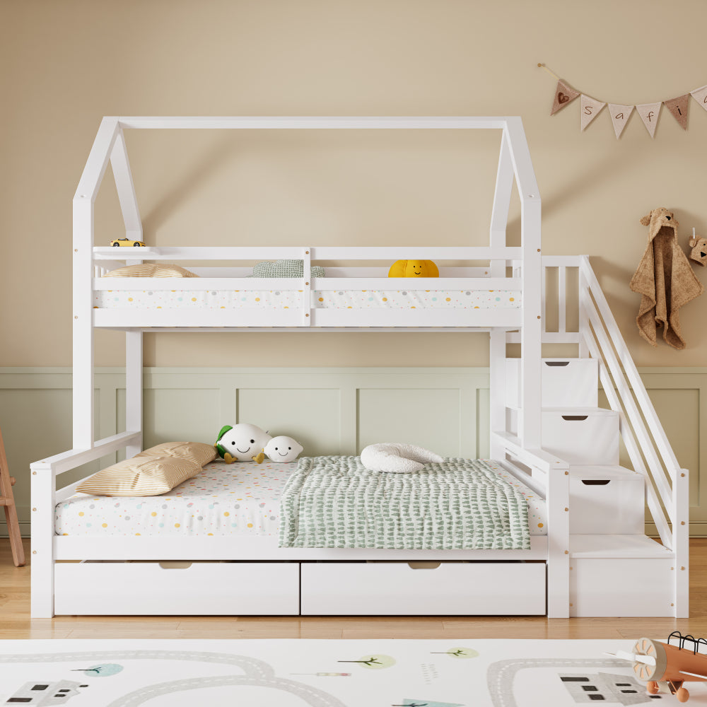Etagenbett mit Leiter, Hausbett, Kinderbett, Drei-Schläfer, mit Schubladen und einem Regal, mit Fallschutzgitter, Kieferbettrahmen mit MDF-Stauraum-Leiterschrank, Weiß, 90x200cm & 140x200cm