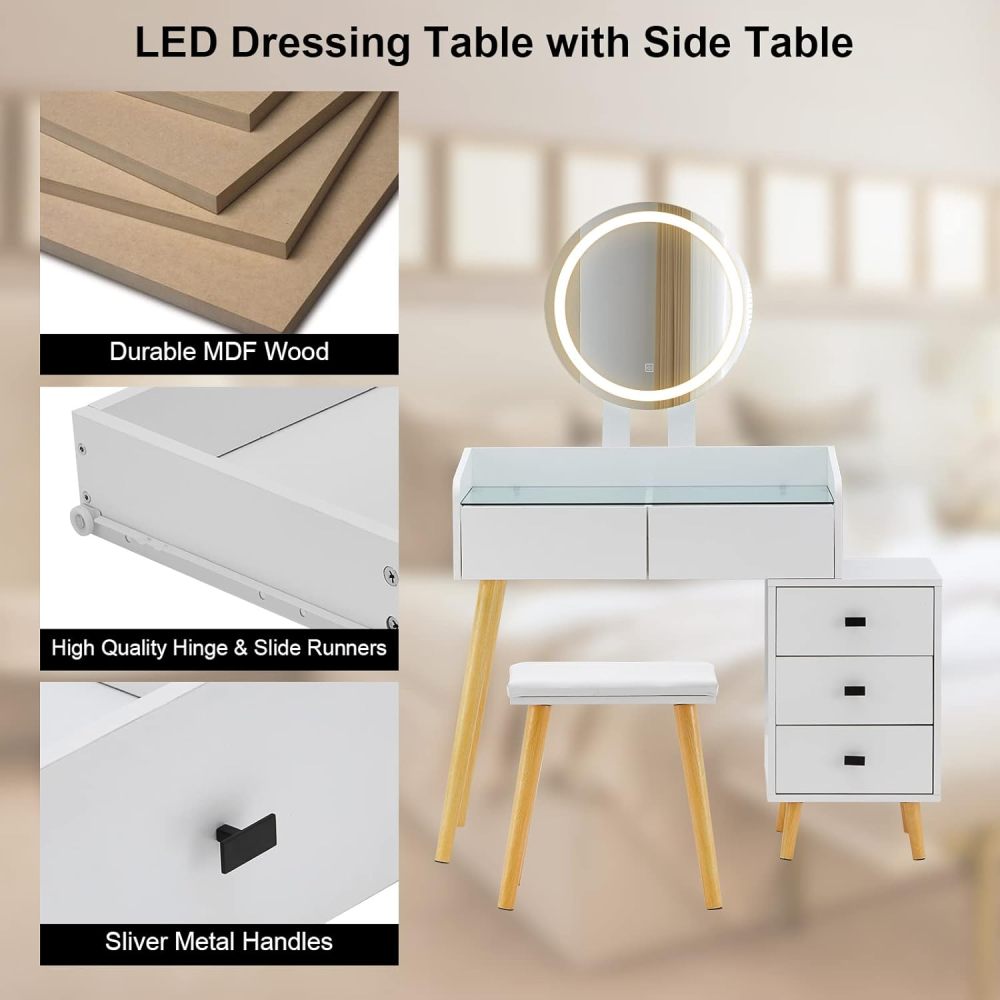 Dressing Table with LED Lights Glass Top Dressing Table with Extendable Side Table 5 Drawers Dressing Table with Mirror and Stool for Bedroom