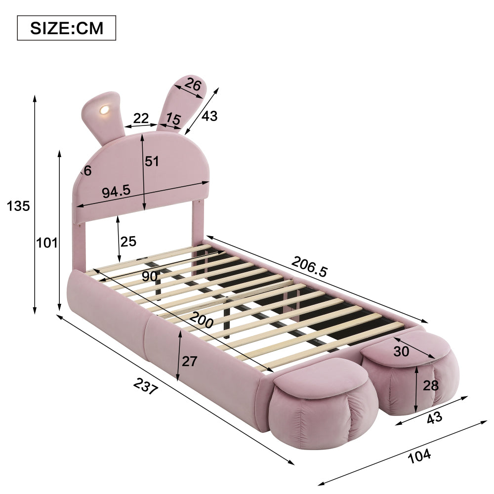 Polsterbett, Einzelbett, Hasenohren mit einstellbarer Helligkeit warmfarbenen Lichtstreifen, mit zwei Aufbewahrungshockern, Kinderbett mit Holzlatten, Samt, Rosa, 90x200cm