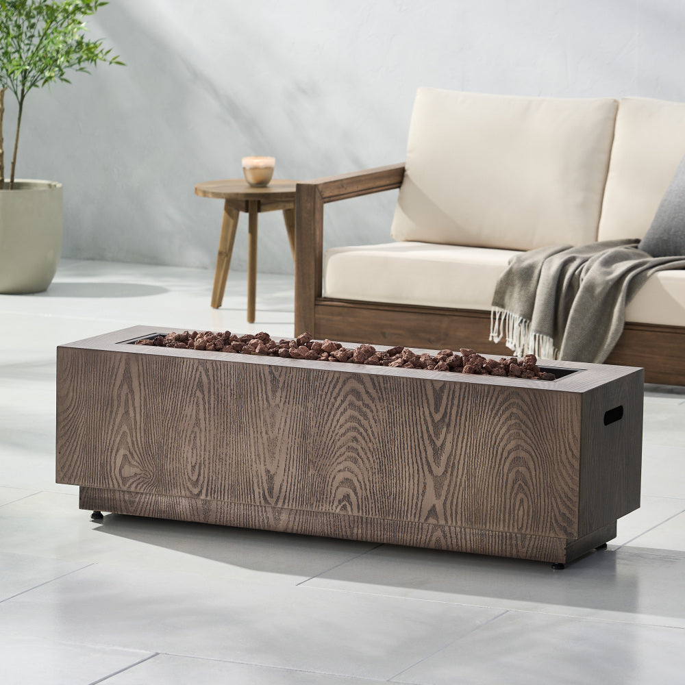 48" Outdoor 50,000 BTU Rectangular Iron Propane Fire Pit, Brown Wood Pattern (Tank Cover not Included)