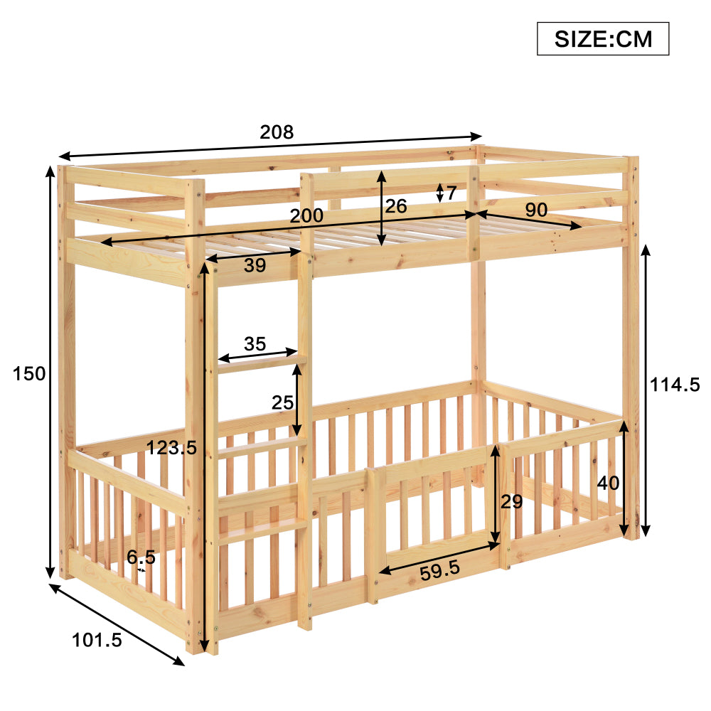 Etagenbett mit rechtwinkliger Treppe, Bett mit Zäune und Türchen, Kinderbett mit Fallschutz und Gitter, Massivholz, natur (200x90cm)