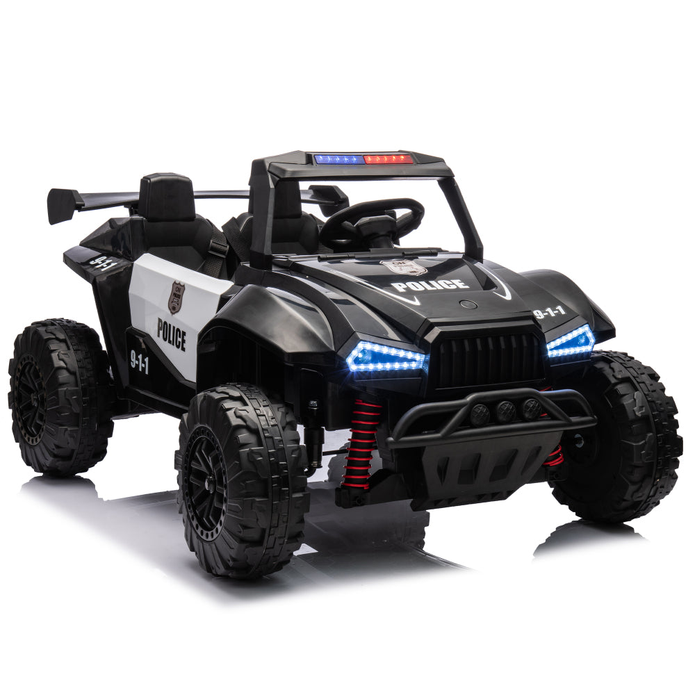 24V Two-seater Kids Ride On Electric Car W/Parents Control,Seat width 20.47in,2WD,Four-wheel suspension,The police car with a megaphone,Power display,Bluetooth,MP3,USB/TF,Music,LED Lights for Kids.