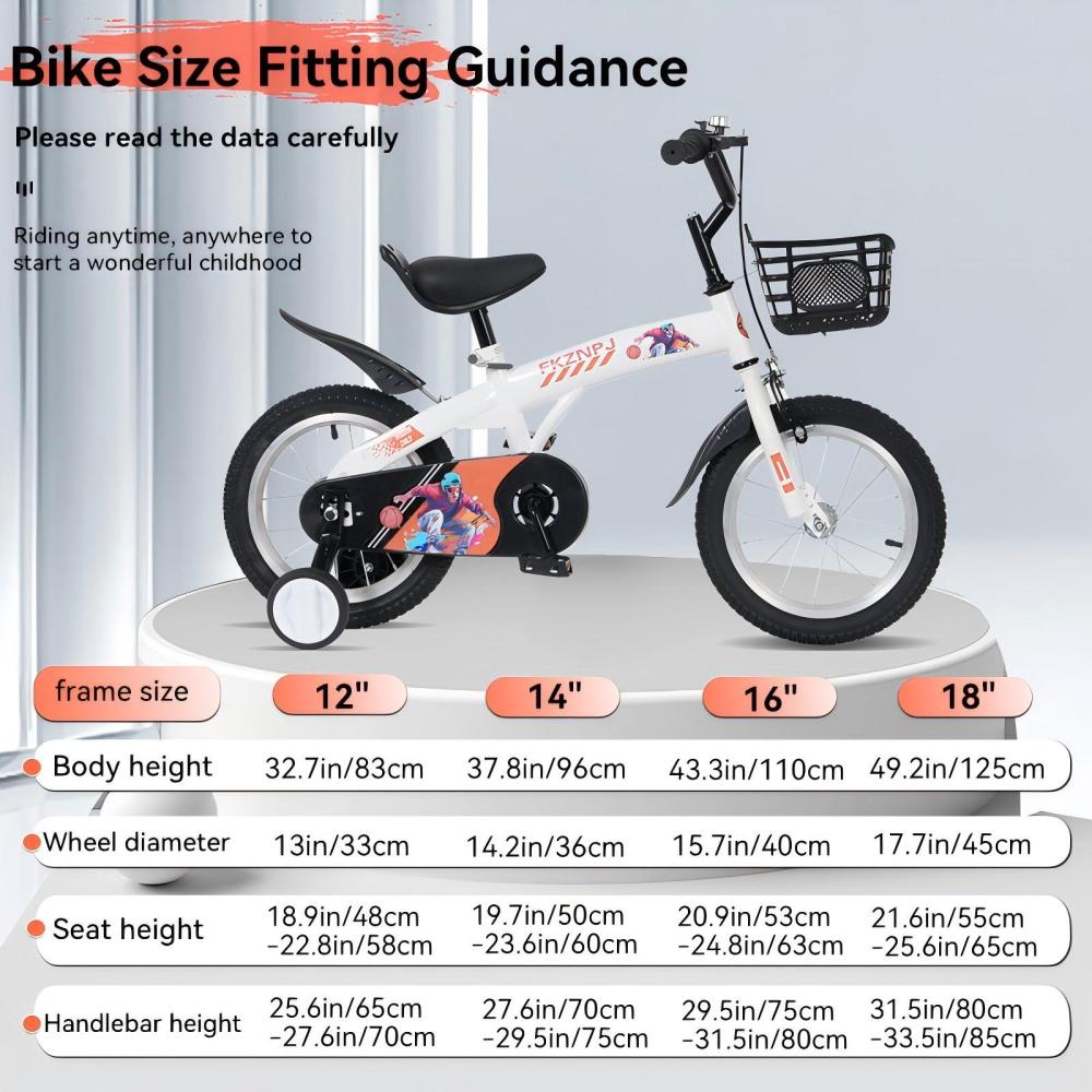 FKZNPJ 16 inch sporty kids bike with training wheels and stand Adjustable saddle Suitable for boys and girls aged 4-8 years tall Height 41-46 inches Available in a variety of colors