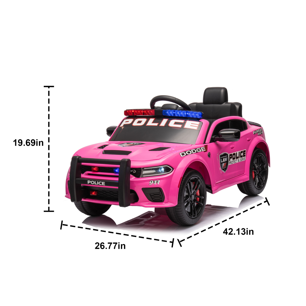 Licensed Dodge Charger,12v Kids ride on police car W/Parents Remote Control,anti-collision bar,Front& top alarm light design,Police car sticker,megaphone,three-speed,slow start,Four wheel suspension.