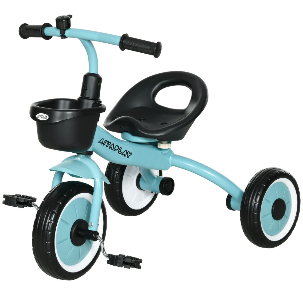 Qaba Kids Tricycle for Toddlers Age 2-5 with Adjustable Seat, Toddler Bike for Children with Basket, Bell, Handlebar Grips, Blue