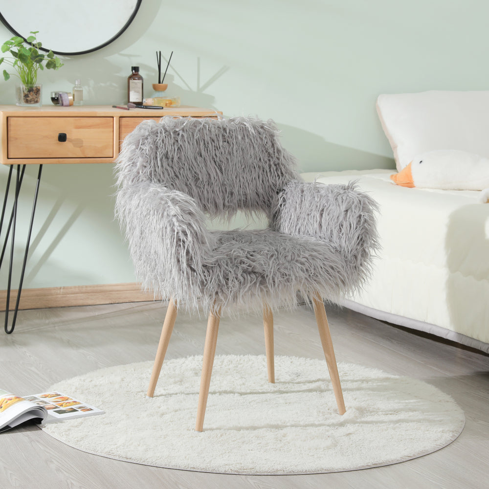 WHITE Faux Fur Upholstered Make up chair Side Dining Chair with Metal Leg(WHITE+Beech Metal Leg)