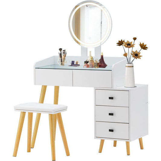 Dressing Table with LED Lights Glass Top Dressing Table with Extendable Side Table 5 Drawers Dressing Table with Mirror and Stool for Bedroom