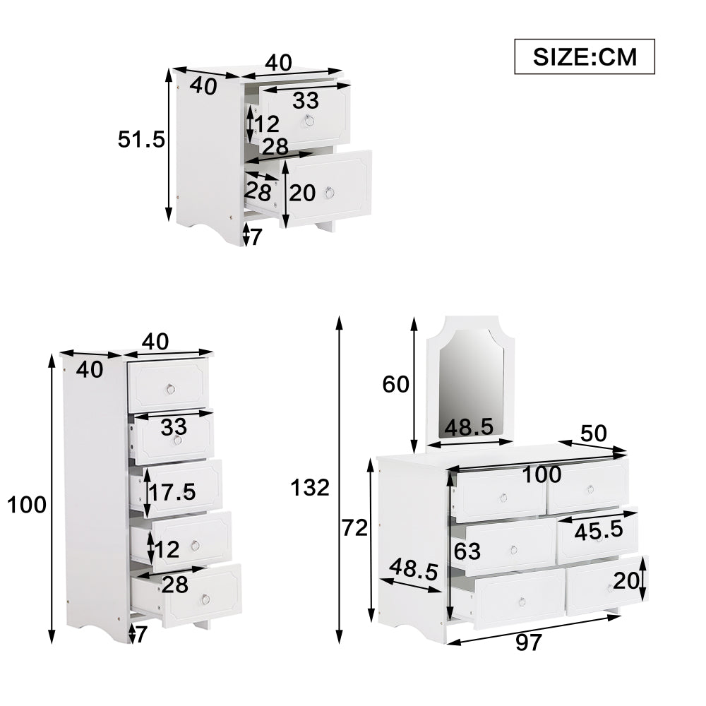 Komplettes Speicher-Trio, Nachttisch+Fünf Schubladenschränke+Spiegelschränke, mit mehreren Schubladen, mit Spiegeln, praktische Aufbewahrung für Schlaf- und Wohnräume, MDF+Spanplatte, Weiß