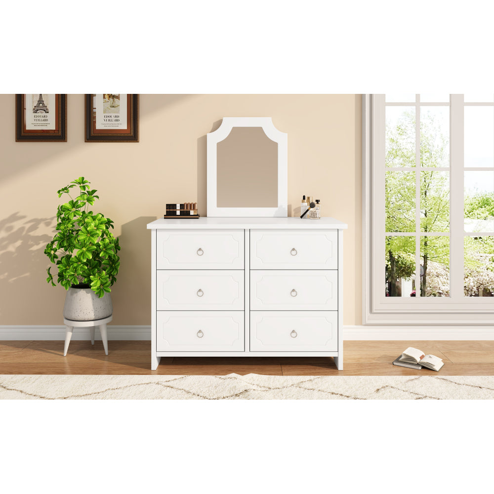 Spiegelschrank, Kommode, 6 Schubladenschrank, Spiegel herausnehmbar, Stauraum im Wohnzimmer und Schlafzimmer, geräuschlosen Gleitern, MDF+Spanplatte, Weiß