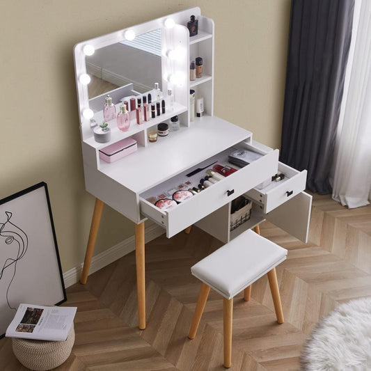 Dressing Table with Hollywood LED Mirror, Light Adjustable Brightness, Dressing Table, Padded Stool Set, White, Wooden Cosmetic Table with Drawer and Storage Cabinet