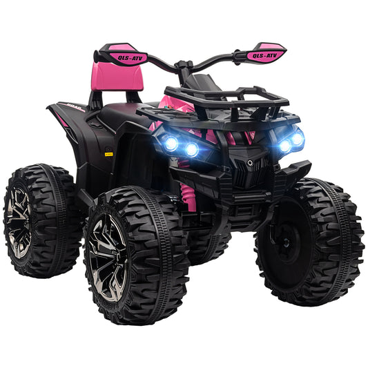 Aosom 12V Kids ATV Ride-on Four-Wheeler Toy Car with Music, Realistic Headlights, Wide Wheels, Rechargeable Battery-Powered, for Boys and Girls, Pink