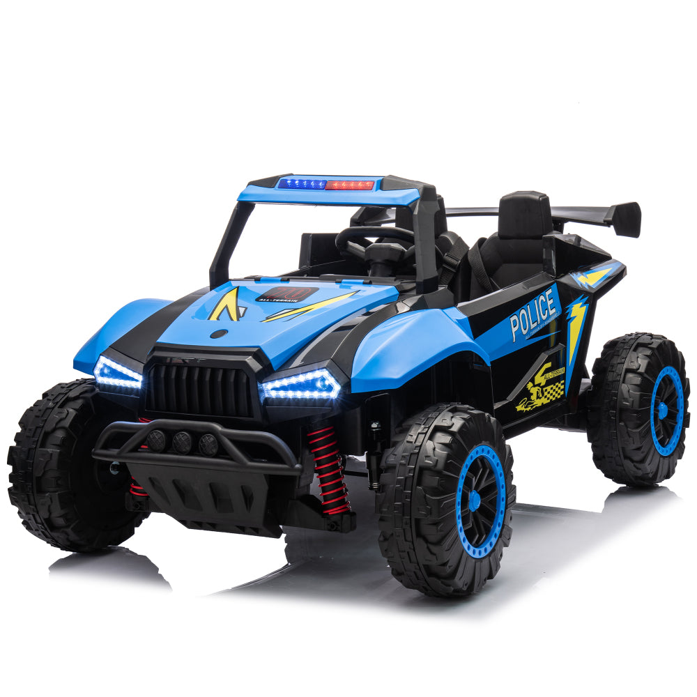 24V Two-seater Kids Ride On Electric Car W/Parents Control,Seat width 20.47in,2WD,Four-wheel suspension,The police car with a megaphone,Power display,Bluetooth,MP3,USB/TF,Music,LED Lights for Kids.