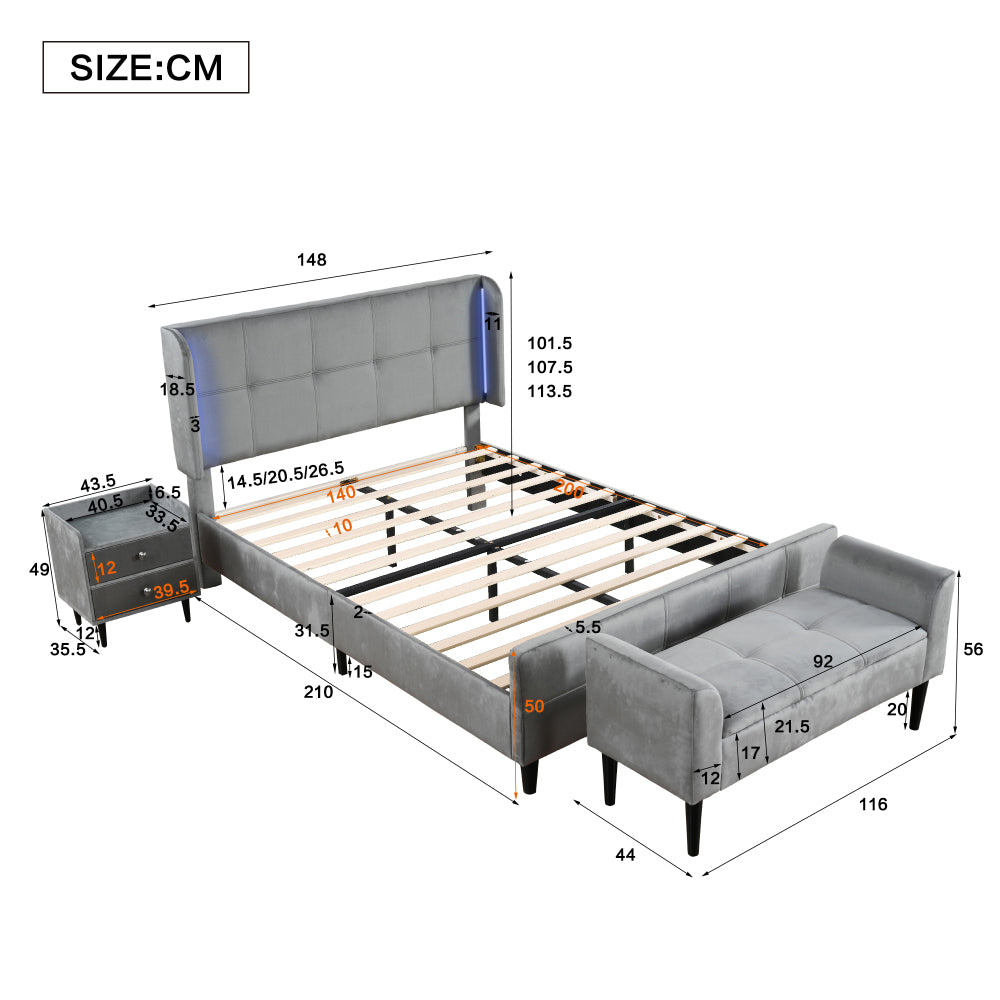 Komplettschlafzimmer Set, Modernes Design Polsterbett + 1x Nachttisch+ Betthocker, Doppelbett mit 16-farbigen Lichtleisten an den Seitenohren, Nachttisch mit 2 Schubladen, Samt, Grau (140x200 cm)