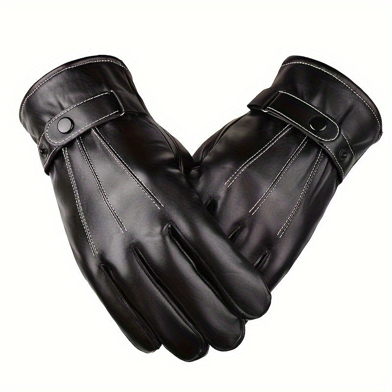 Men's Fashionable Touchscreen-Compatible Faux Leather Gloves with Warm Velvet Lining for Winter Riding