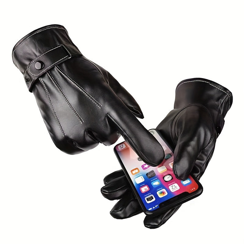 Men's Fashionable Touchscreen-Compatible Faux Leather Gloves with Warm Velvet Lining for Winter Riding