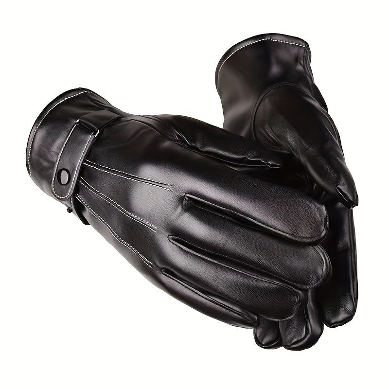 Men's Fashionable Touchscreen-Compatible Faux Leather Gloves with Warm Velvet Lining for Winter Riding