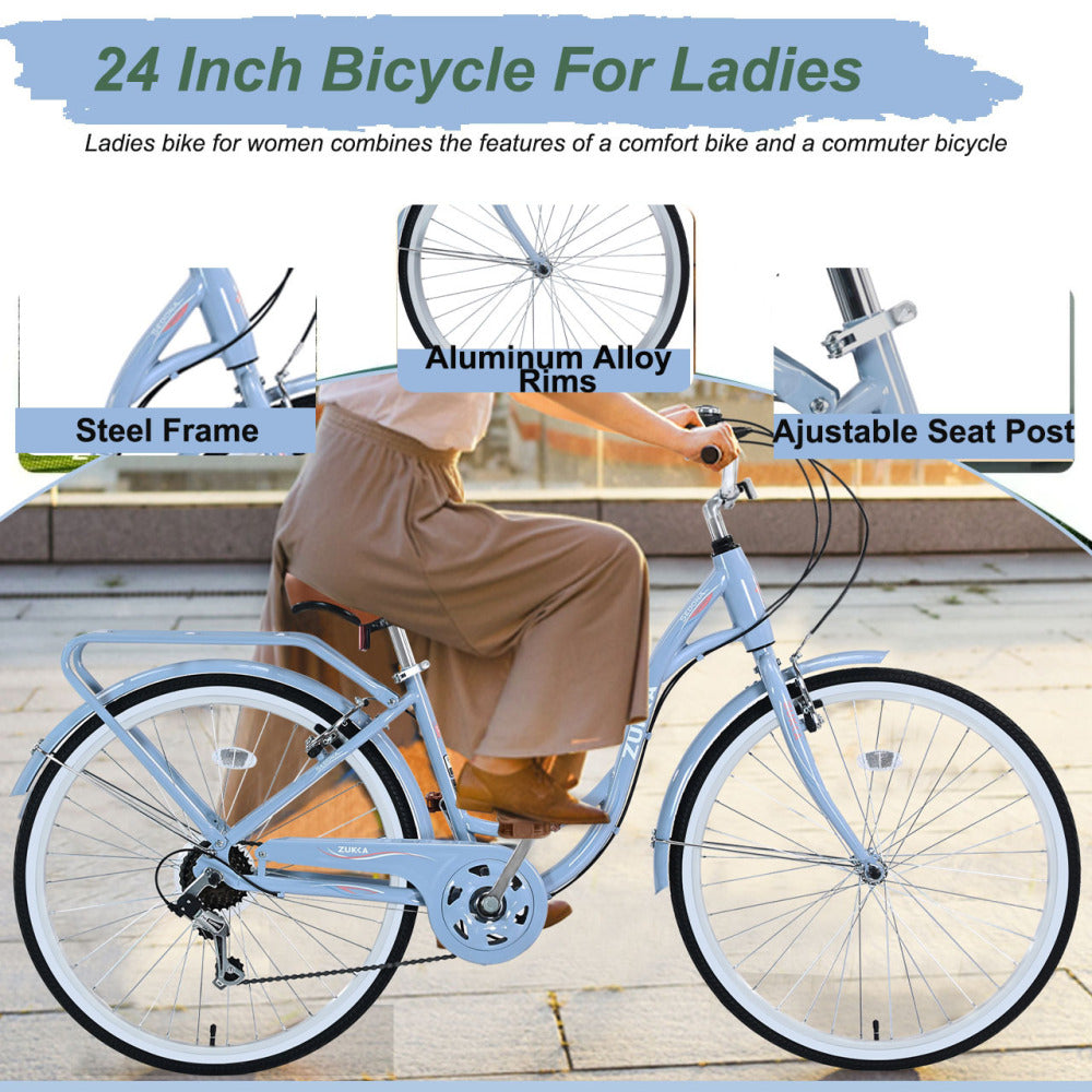 7 Speed, Steel Frame, Multiple Colors 24 Inch Ladies Bicycle