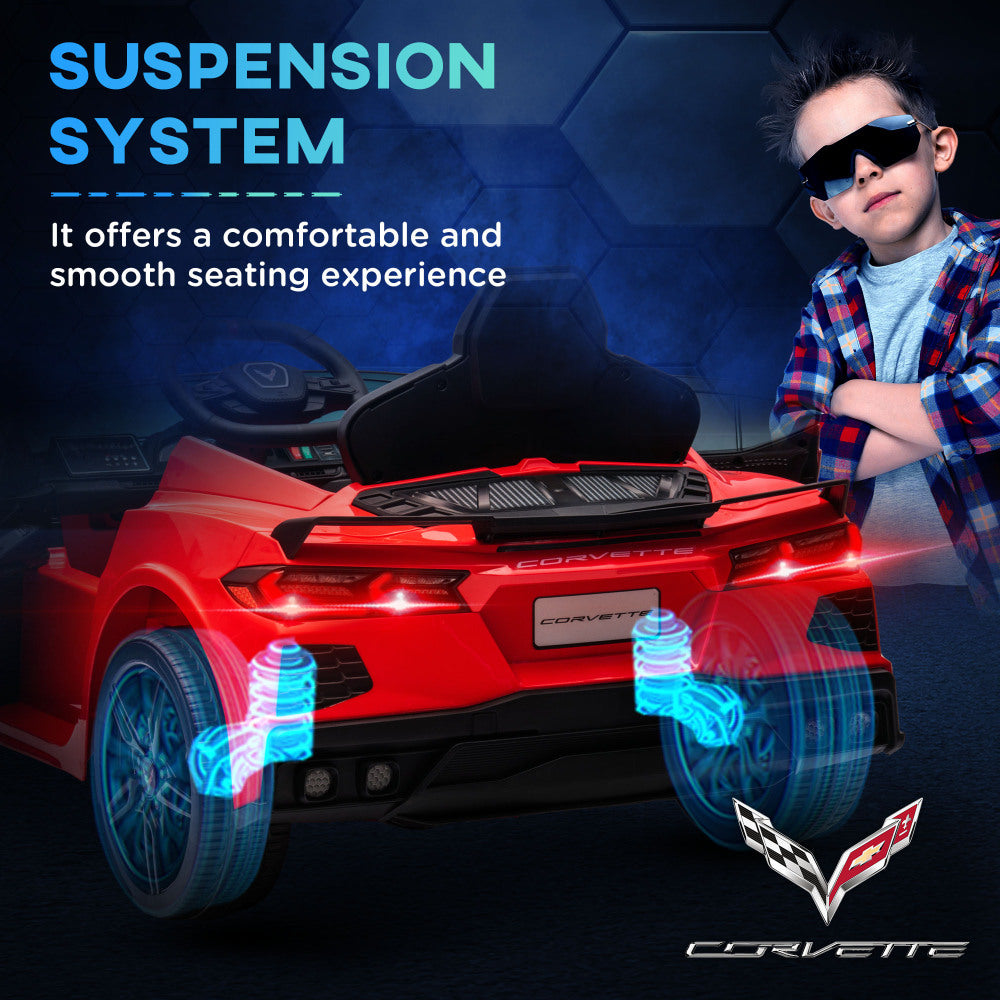 Qaba Electric Car for Kids, 12V Chevrolet Corvette Licensed Kids Car with Parental Remote Control, Suspension System, Music, Horn, Headlight, Slow Start, Kids Electric Car for 3-6 Years, Red