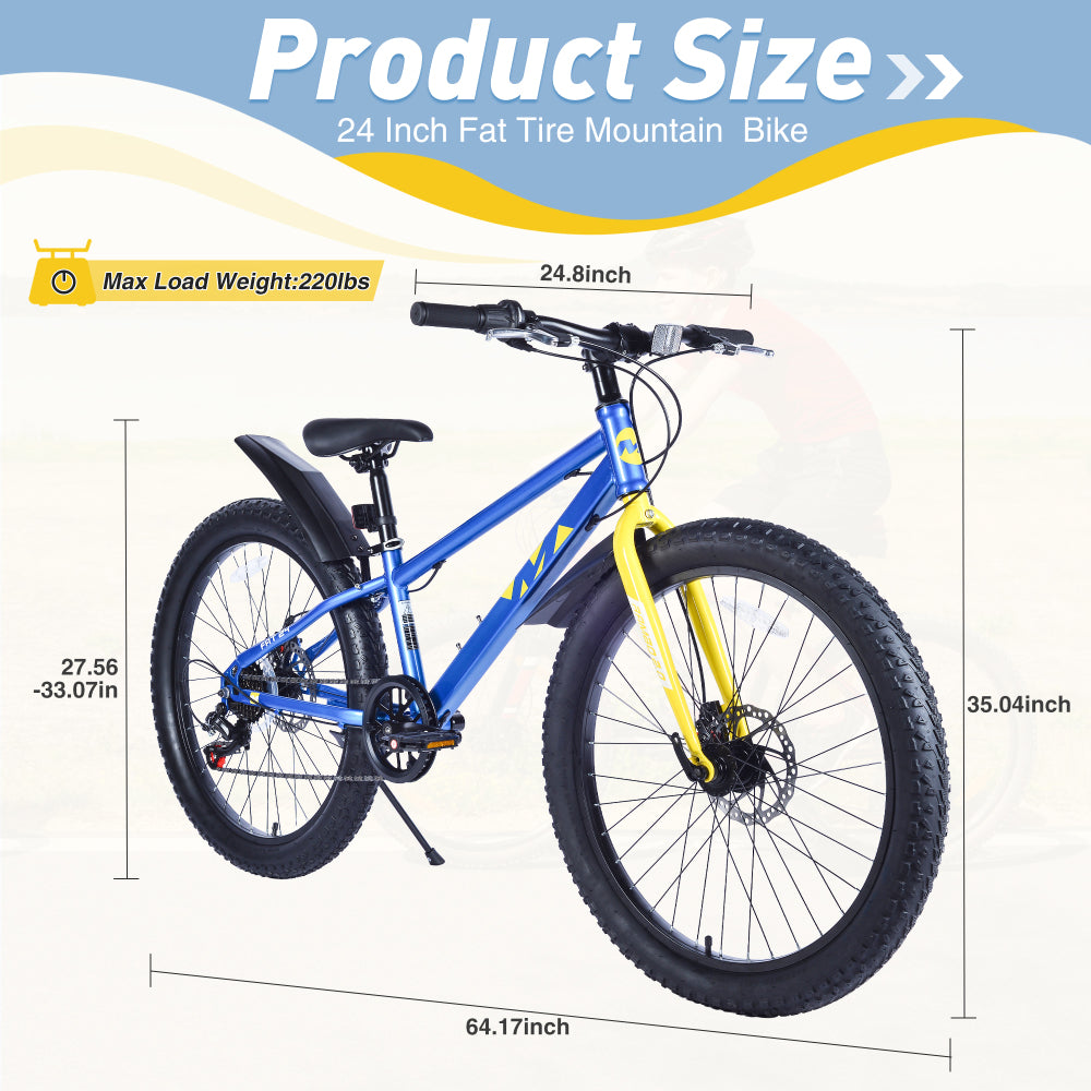 24 Inch Bicycles , Fat Tire Mountain Bike for Boys and Girls Age 10 + Years ,Dual-Disc Brake,Shimano 7-Speed ,Kids Beach and Snow Bicycle