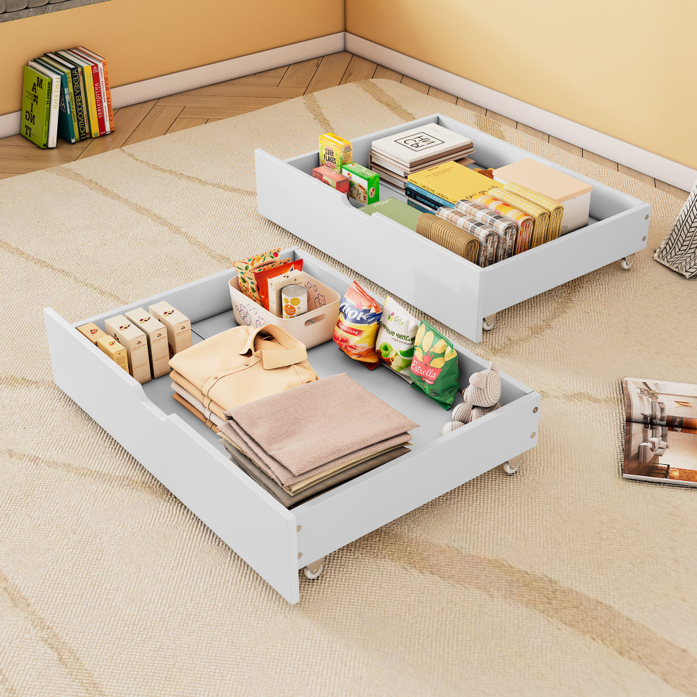 Zwei Schubladen, Stauraum unter dem Bett, MDF + Bodenrollen, weiß (93x65x20cm) (nur Schubladen)