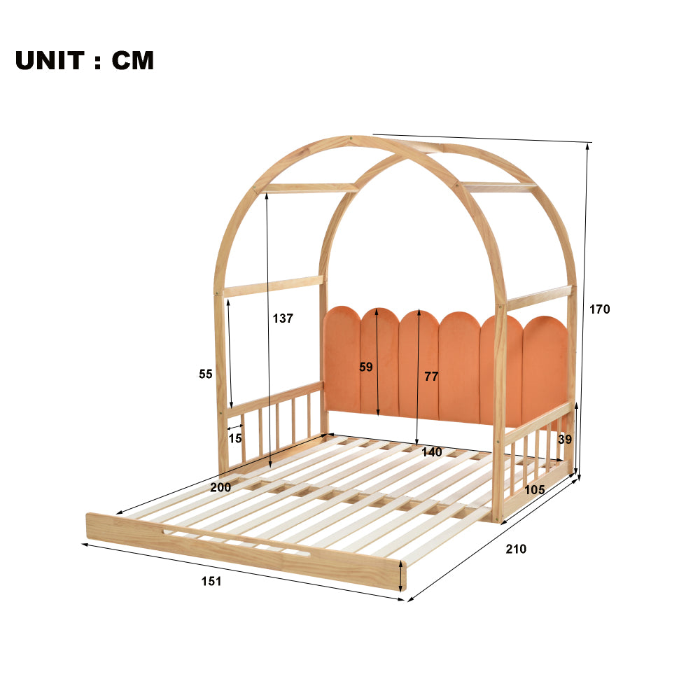 Erweiterbares Gewölbtes Dachbett, Schiebebett, Kinderbett, Tagesbett, Doppelbett, Samtkissen, Rahmen aus Kiefernholz, Natur und Orange (140x100cm&140x200cm)