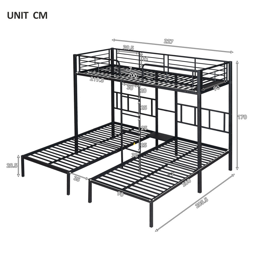 Dreierbett, Dreifaches Etagenbett mit Leiter für Kinder und Jugendliche, Eisenbett mit Fallschutzgitter und Tisch, Schwarz (90x200cm*3)