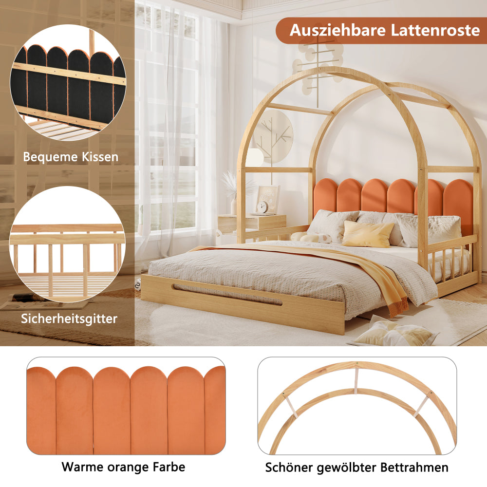 Erweiterbares Gewölbtes Dachbett, Schiebebett, Kinderbett, Tagesbett, Doppelbett, Samtkissen, Rahmen aus Kiefernholz, Natur und Orange (140x100cm&140x200cm)