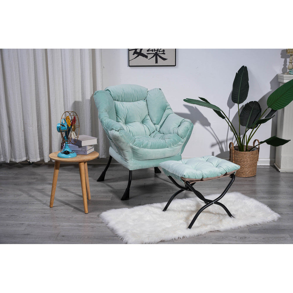 Living Room Chairs Modern Cotton Fabric Lazy Chair, Accent Contemporary Lounge Chair, Single Steel Frame Leisure Sofa Chair with Armrests and A Side Pocket (Green ),with ottoman ,with footrest