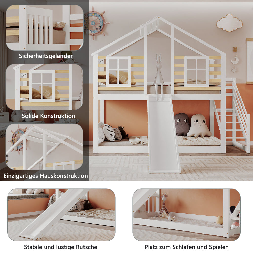 Etagenbett, Holzbett mit Treppe und Gitter, mit Rutsche und Fenster, Blockhaus Kinderbett mit Absturzsicherung, Bettrahmen aus Massivholz,  Weiß(90x200 cm)