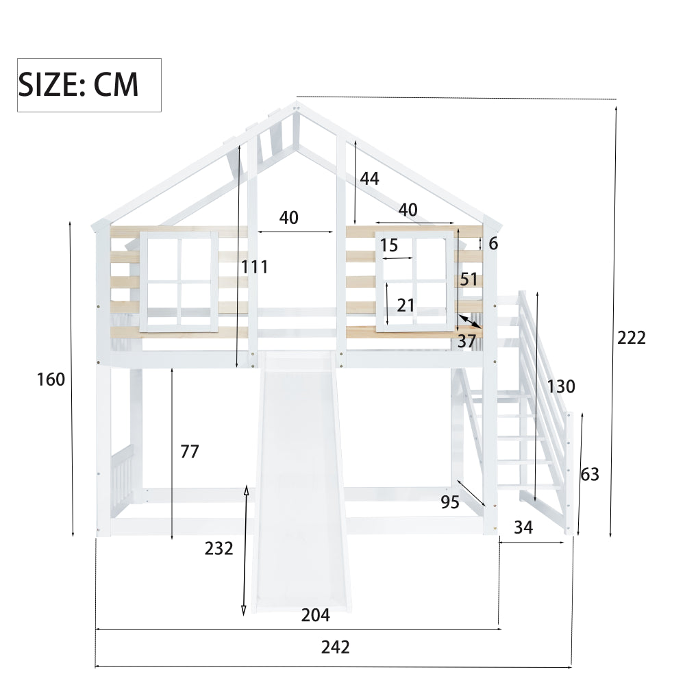 Etagenbett, Holzbett mit Treppe und Gitter, mit Rutsche und Fenster, Blockhaus Kinderbett mit Absturzsicherung, Bettrahmen aus Massivholz,  Weiß(90x200 cm)