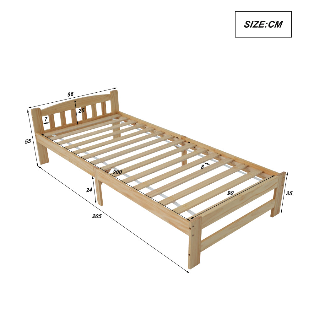 Solide Massivholzbett Futonbett, Einzelbett, Massivholz Natur Bett mit Kopfteil und Lattenroste, Jugendbett, Erwachsenenbett, Natur, 90x200 cm