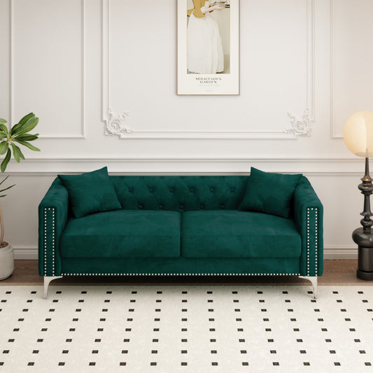 Sofa with Style: 83" Green Velvet Triple Sofa Includes 2 Comfy Pillows, Perfectly Suited for Small Spaces