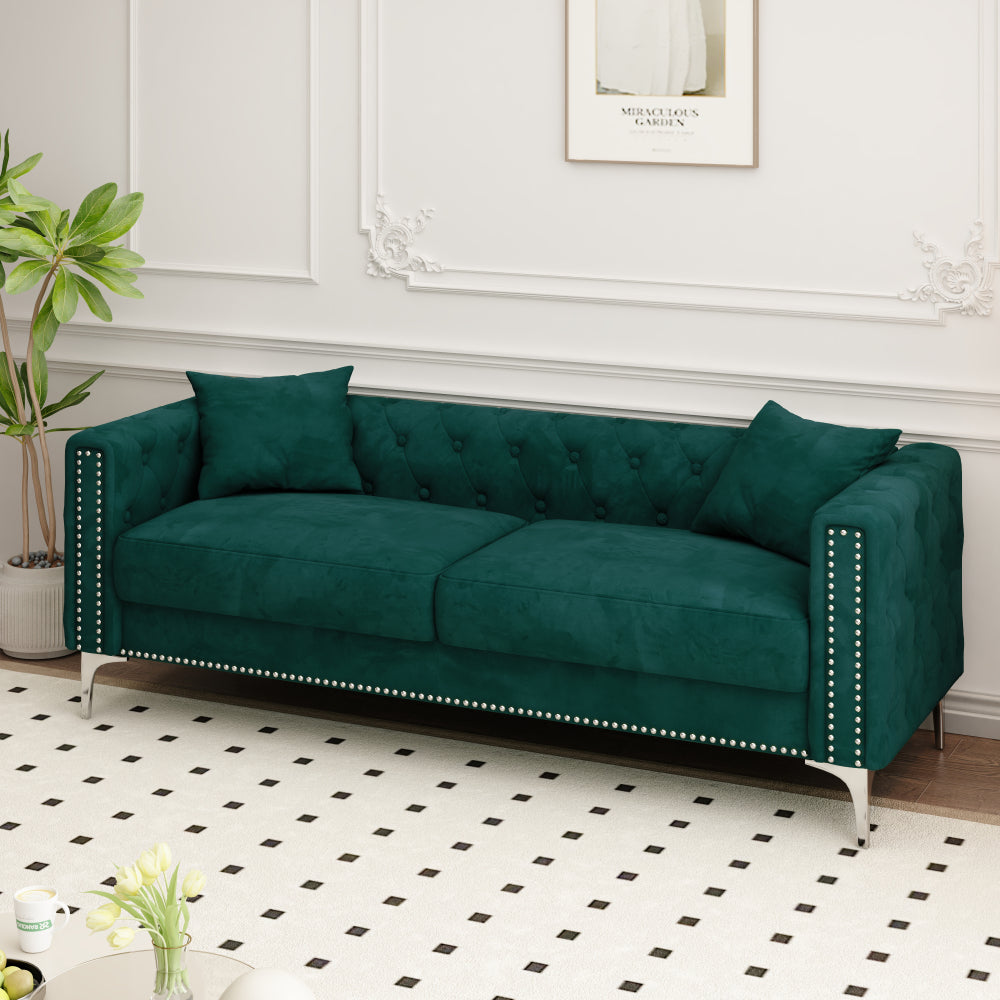 Sofa with Style: 83" Green Velvet Triple Sofa Includes 2 Comfy Pillows, Perfectly Suited for Small Spaces