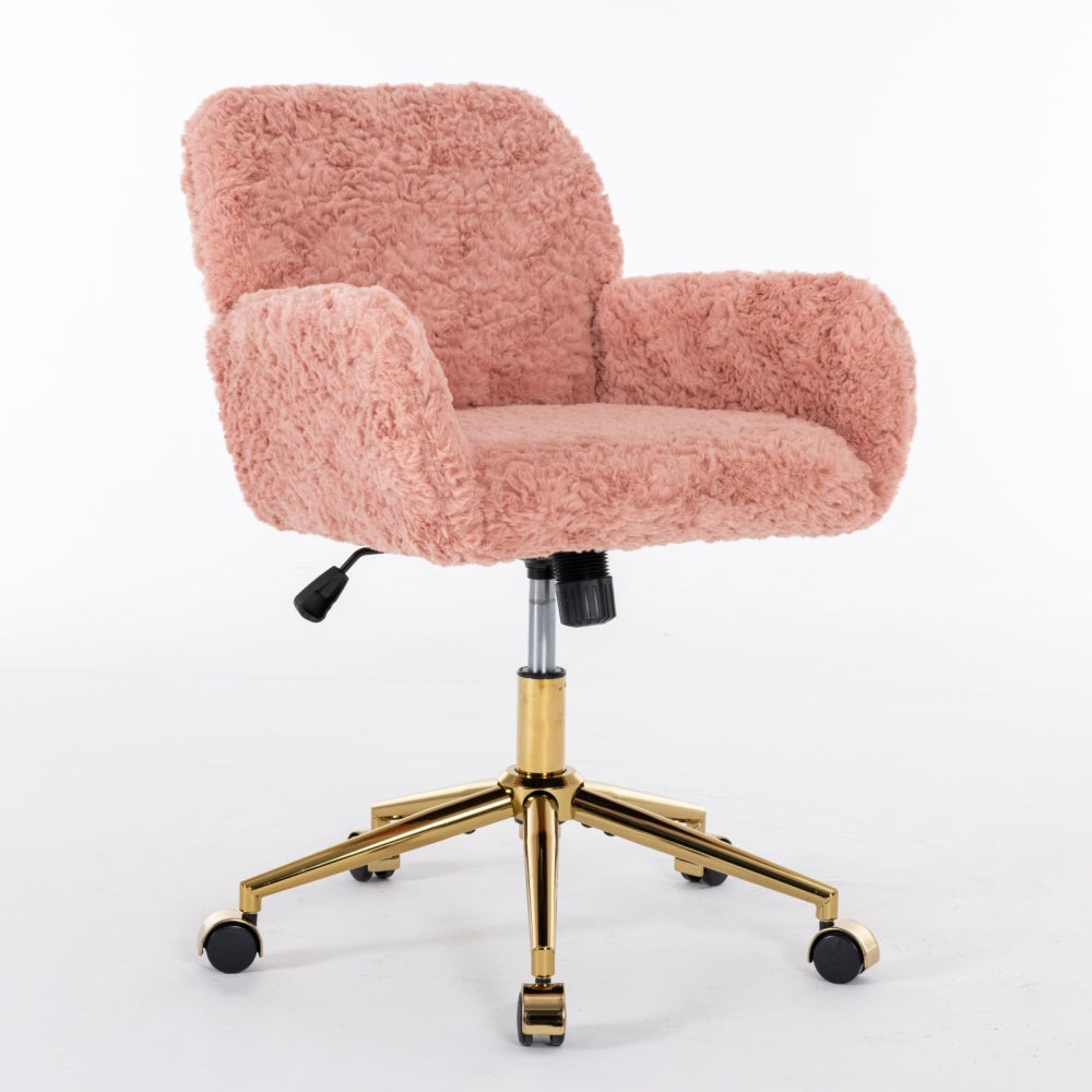 A&A Furniture Office Chair,Artificial rabbit hair Home Office Chair with Golden Metal Base,Adjustable Desk Chair Swivel Office Chair,Vanity Chair(Pink)