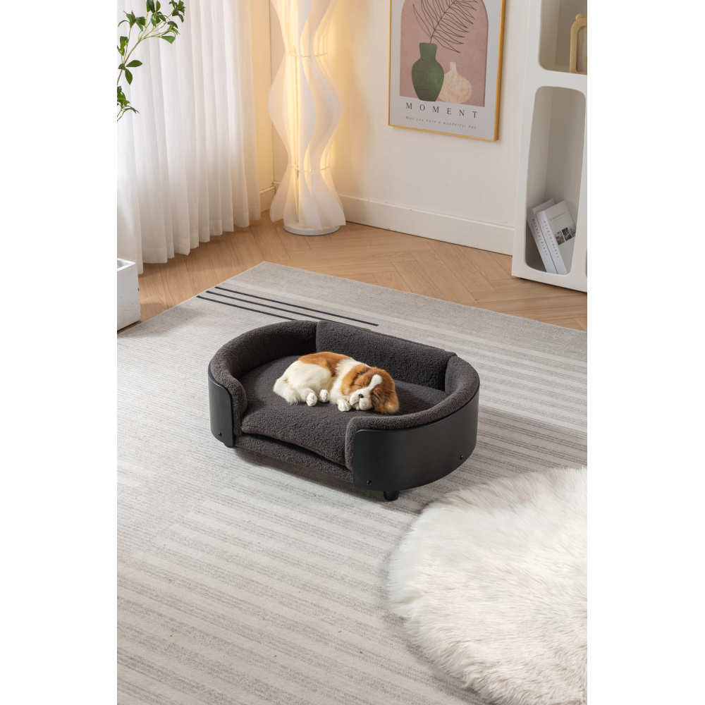 Scandinavian style Elevated Dog Bed Pet Sofa With Solid Wood legs and Black Bent Wood Back,  Cashmere Cushion,Mid Size