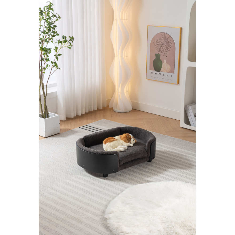 Scandinavian style Elevated Dog Bed Pet Sofa With Solid Wood legs and Black Bent Wood Back,  Cashmere Cushion,Mid Size