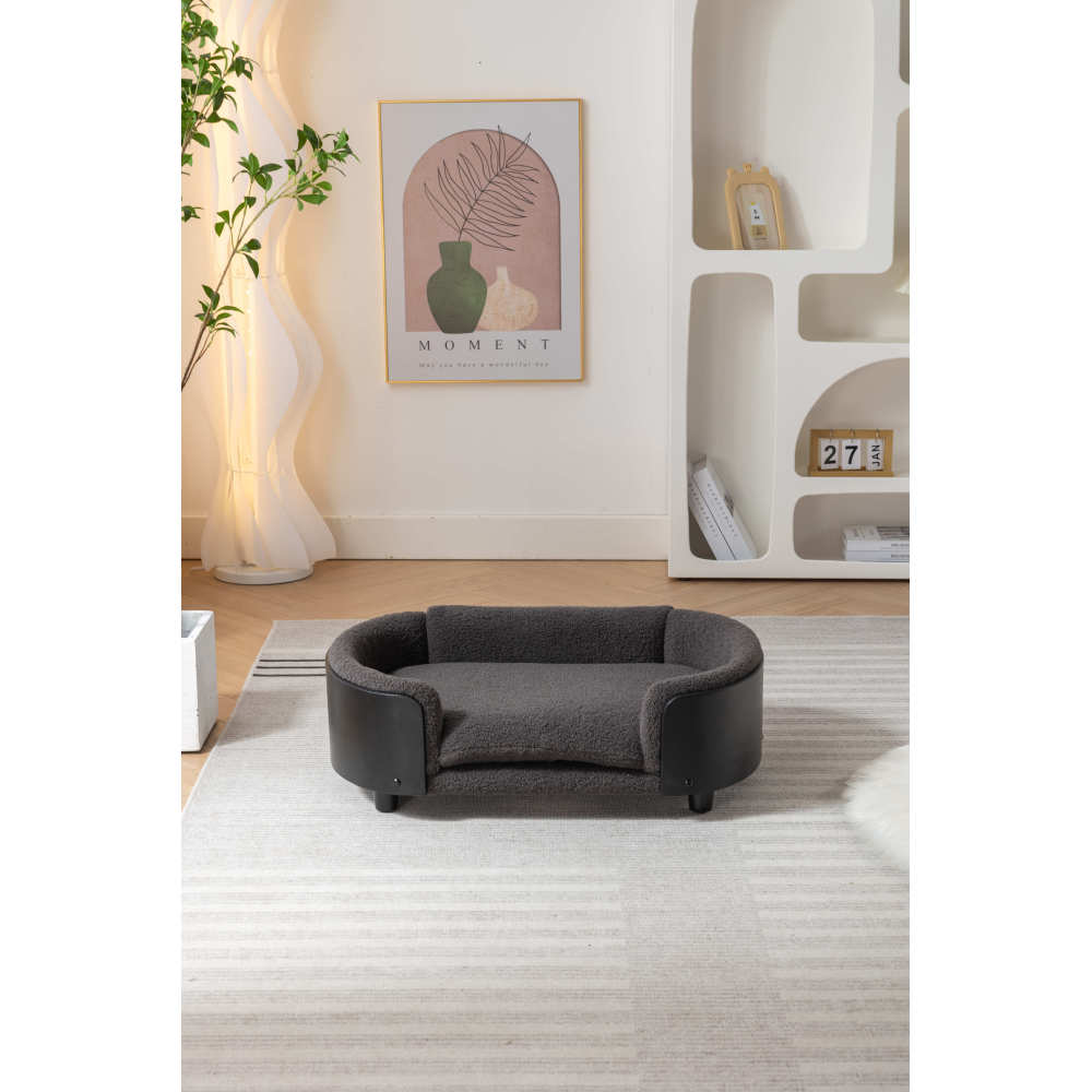 Scandinavian style Elevated Dog Bed Pet Sofa With Solid Wood legs and Black Bent Wood Back,  Cashmere Cushion,Mid Size