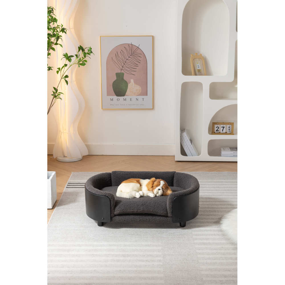 Scandinavian style Elevated Dog Bed Pet Sofa With Solid Wood legs and Black Bent Wood Back,  Cashmere Cushion,Mid Size