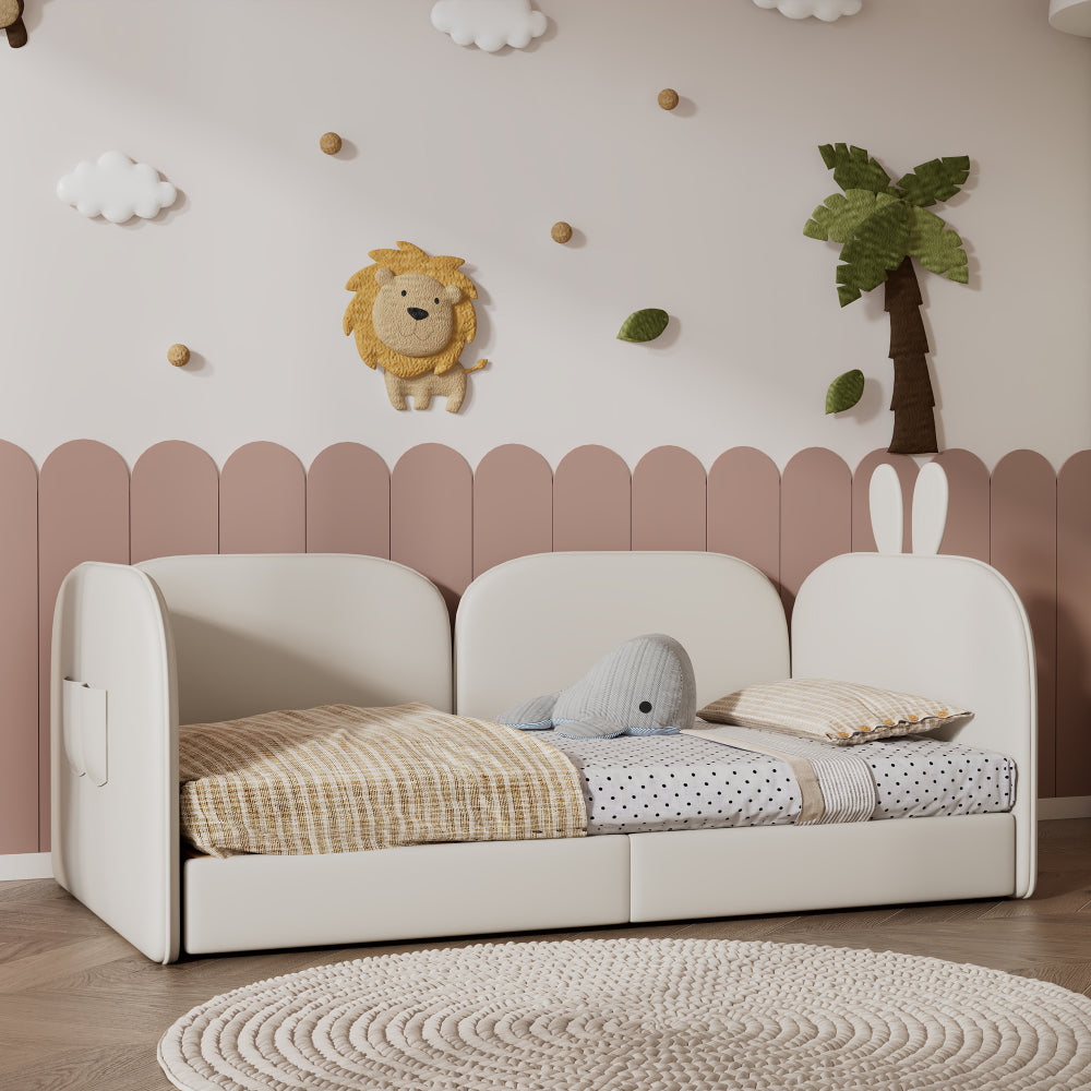 Kaninchen Kopfteil Sofa Polsterbett, Kinderbett, 3 Seiten eingeschlossen, Daybed, Samt, Beige, 90x200cm