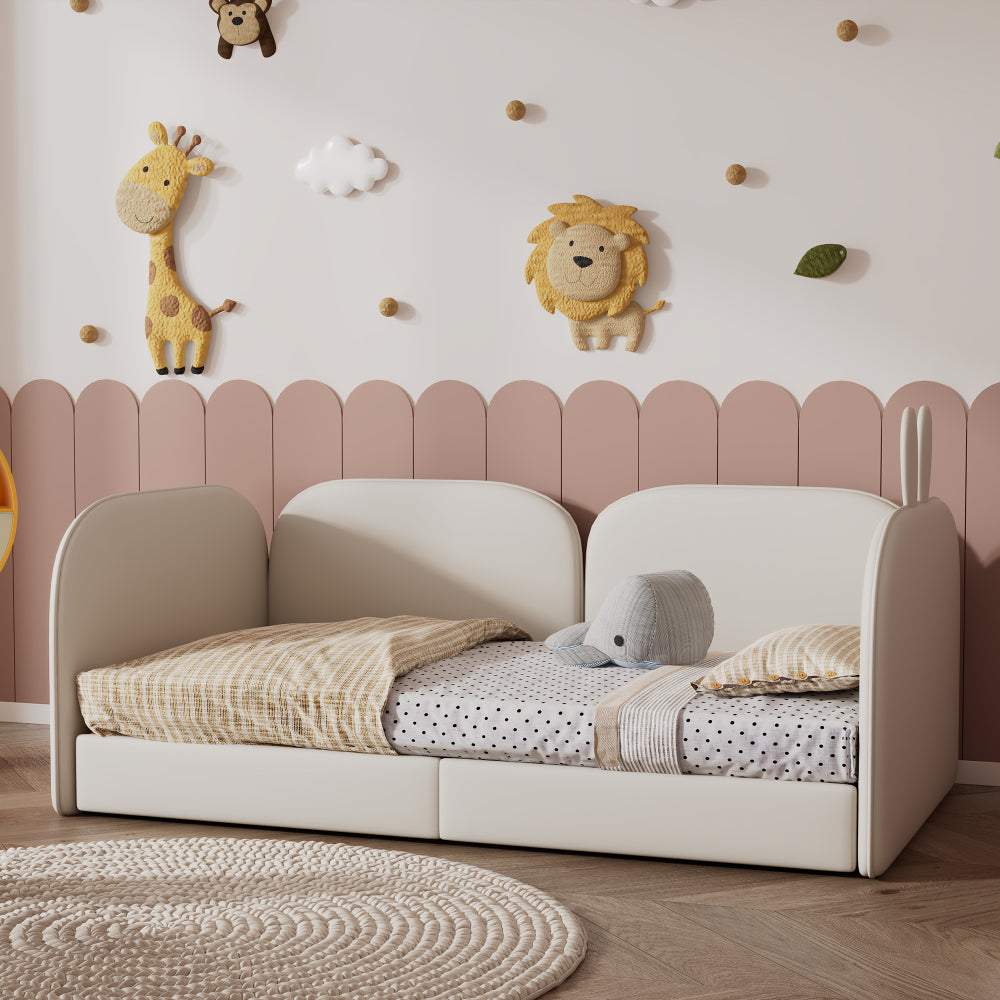 Kaninchen Kopfteil Sofa Polsterbett, Kinderbett, 3 Seiten eingeschlossen, Daybed, Samt, Beige, 90x200cm