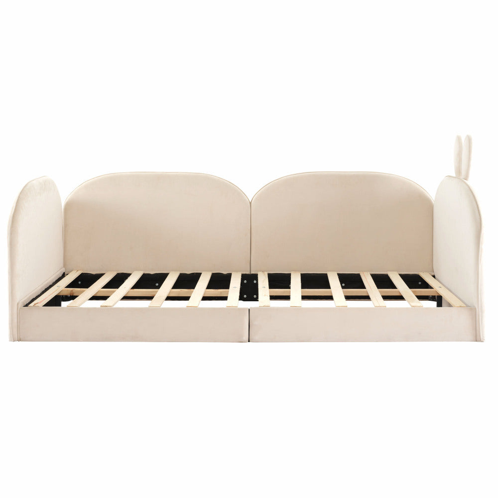 Kaninchen Kopfteil Sofa Polsterbett, Kinderbett, 3 Seiten eingeschlossen, Daybed, Samt, Beige, 90x200cm