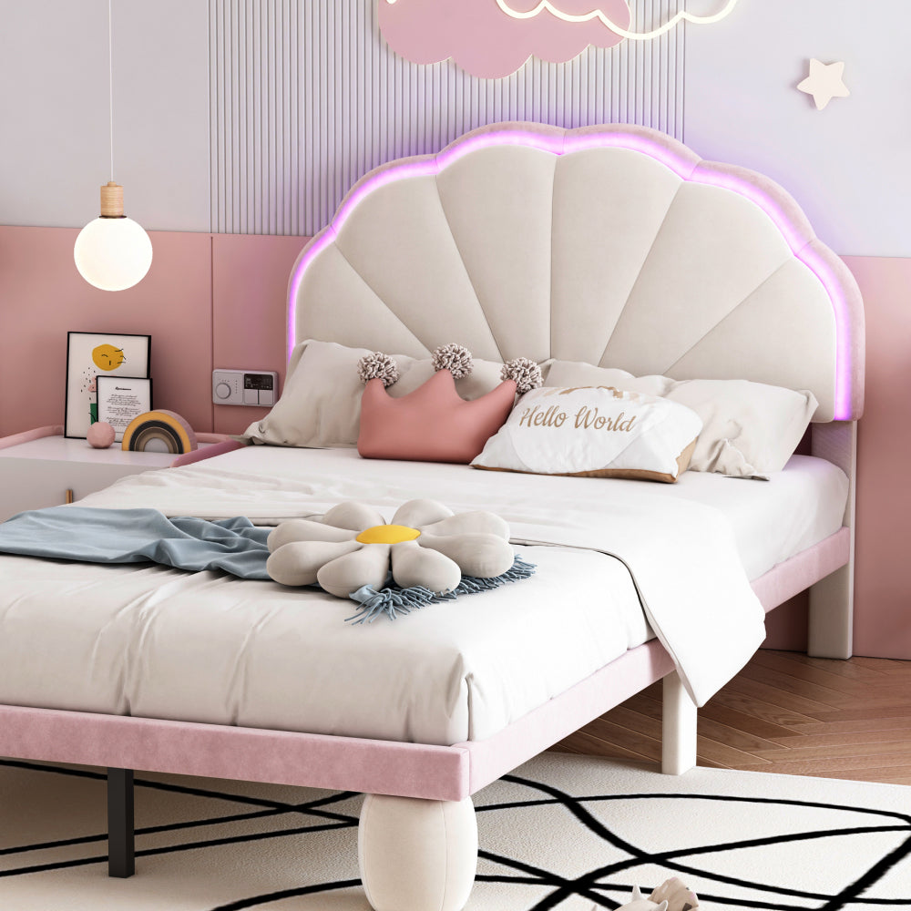 Polsterbett mit mehrfarbigen, wechselnden LED Lichtstreifen, Kopfteil mit Wellenschliff, mit gepolsterter runden Beine, Kinderbett mit Holzlatten, Einzelbett, Samt, Beige+Rosa, 90x200cm