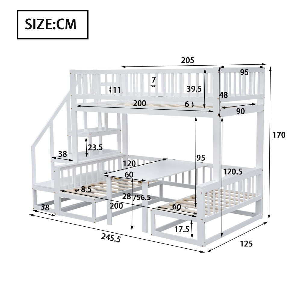 (29946123WAA)Platzsparendes Etagenbett mit Treppe, mit verstellbarem Tisch, mit Holzsofa, Robustes Kieferholzgestell, Weiß (90x200cm&120*200cm)