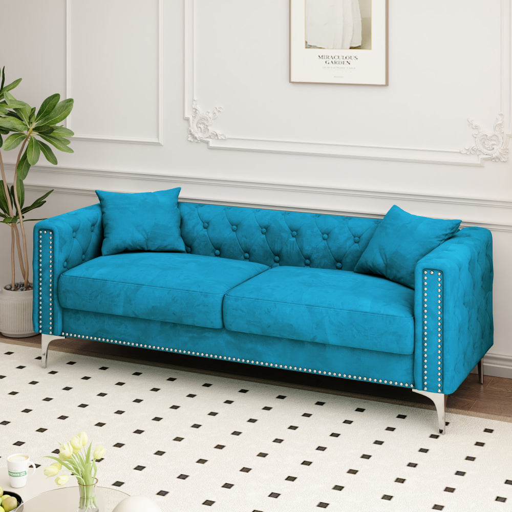 Sofa with Style: 83" Green Velvet Triple Sofa Includes 2 Comfy Pillows, Perfectly Suited for Small Spaces