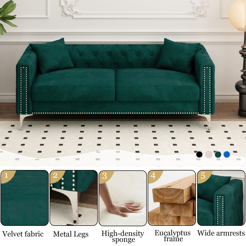 Sofa with Style: 83" Green Velvet Triple Sofa Includes 2 Comfy Pillows, Perfectly Suited for Small Spaces