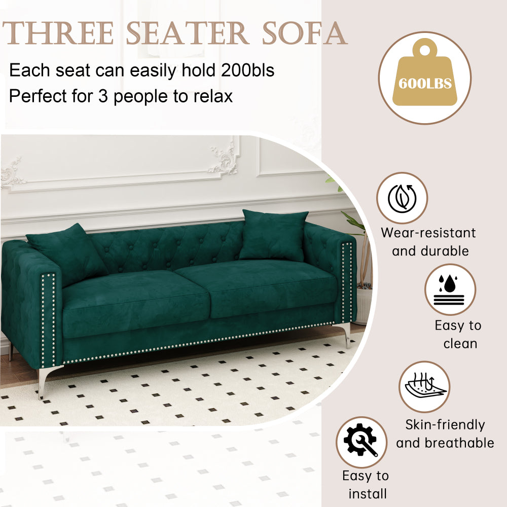 Sofa with Style: 83" Green Velvet Triple Sofa Includes 2 Comfy Pillows, Perfectly Suited for Small Spaces