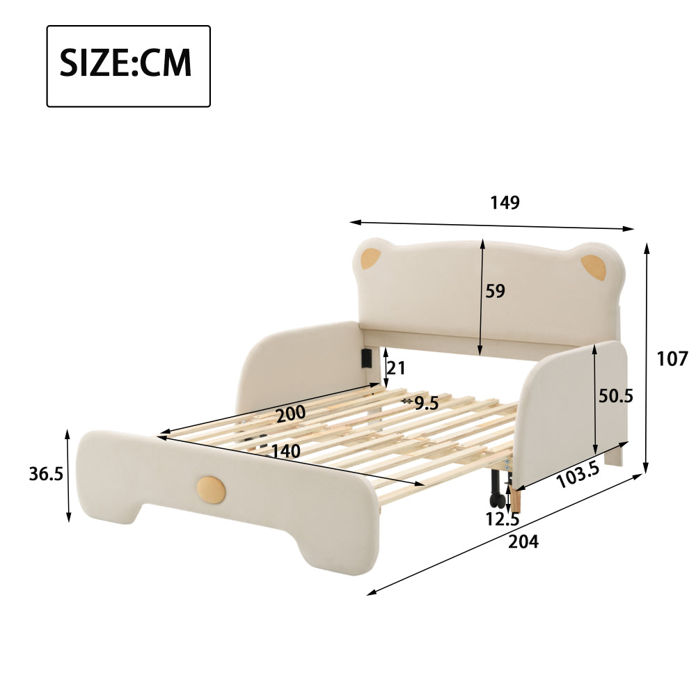 Doppelbett in Bärenform, Polsterbett, Kinderbett, Tagesbett, Ausziehbett, mit weichen Schutzkanten, mit Holzlatten, Samt, Beige (140x110cm&140x200cm)