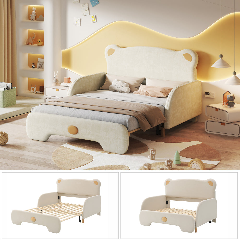 Doppelbett in Bärenform, Polsterbett, Kinderbett, Tagesbett, Ausziehbett, mit weichen Schutzkanten, mit Holzlatten, Samt, Beige (140x110cm&140x200cm)