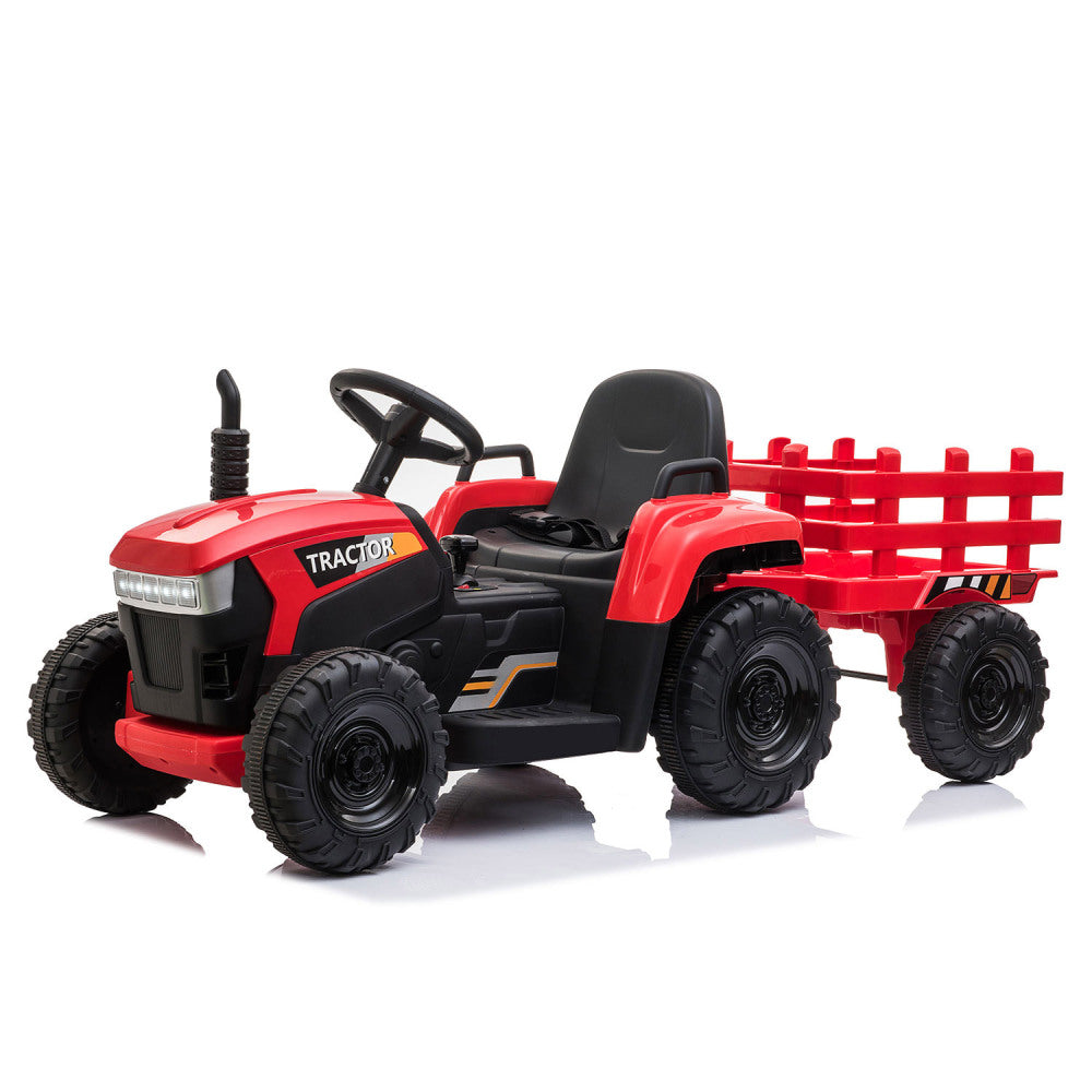 12V Kids Ride On Tractor with Trailer, Battery Powered Electric Car w/ Music, USB, Music, LED Lights, Vehicle Toy for 3 to 6 Ages, Red